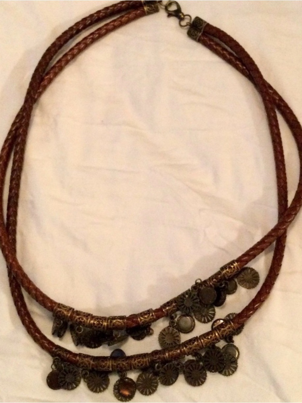 Anthropologie Brown Braided Leather Necklace with Antiqued Brass Coins